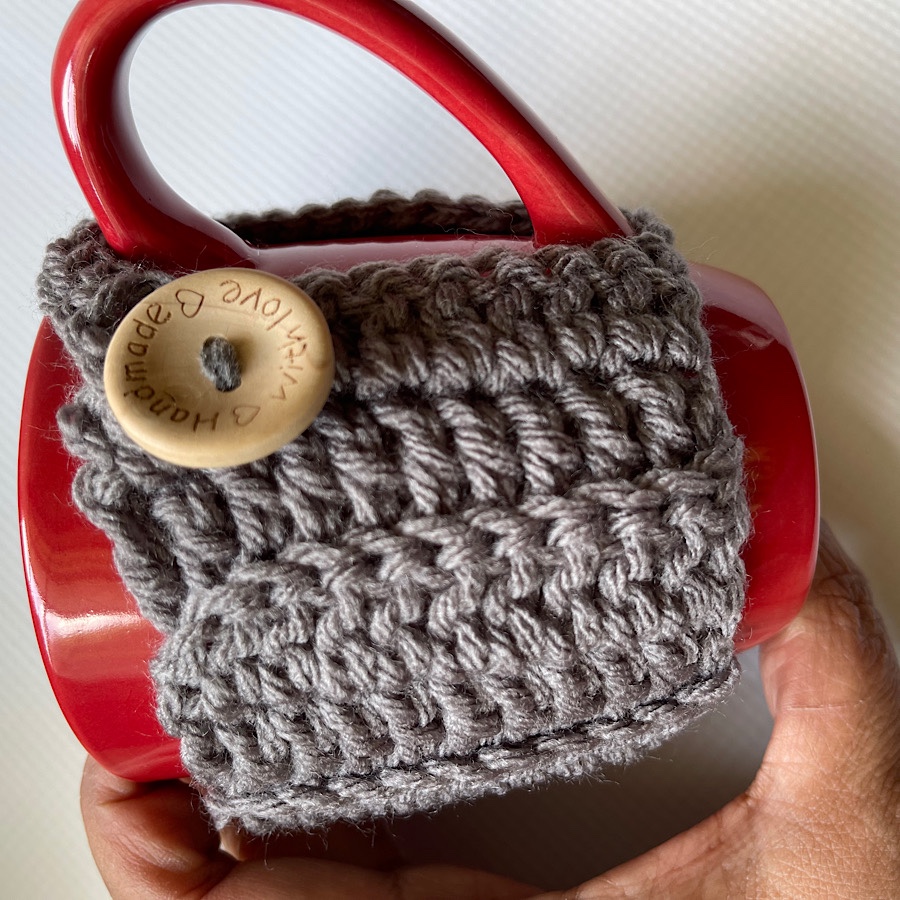 Haniyyah’s Crochet Mug Cozies in grey