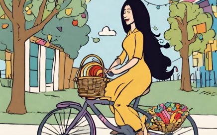 Cartoon drawing of a lady riding a bicycle with a basket full of yarn