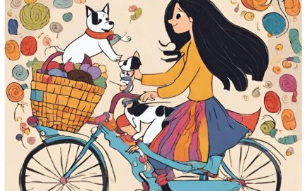 Cartoon drawing of a lady riding a bicycle with a basket full of yarn
