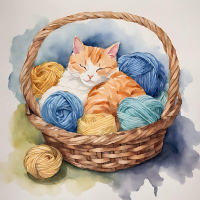 Cat in a basket with yarn, colorful, clipart, free