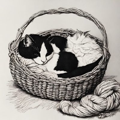 Cat in basket clipart with yarn