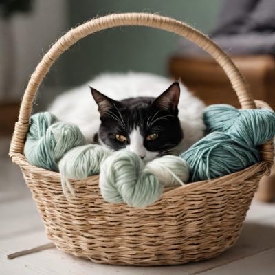 Cat in a basket with yarn - Free Clipart