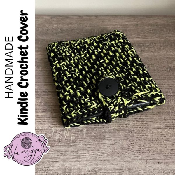 Kindle Cover Handmade Crochet in Black and Neon Green