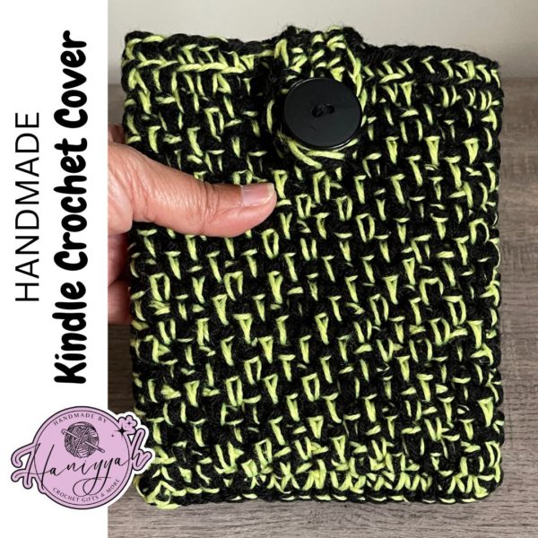 Kindle Cover Handmade Crochet in Black and Neon Green